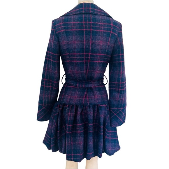 🛑SOLD BERMAN BLACK Plaid Wool Ruffle Peacoat in Navy/Purple Size S - Picture 5 of 11